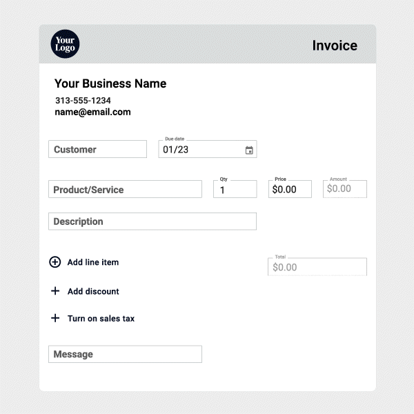 Autobooks invoice builder with customer, due date, line items, discount, and sales tax fields