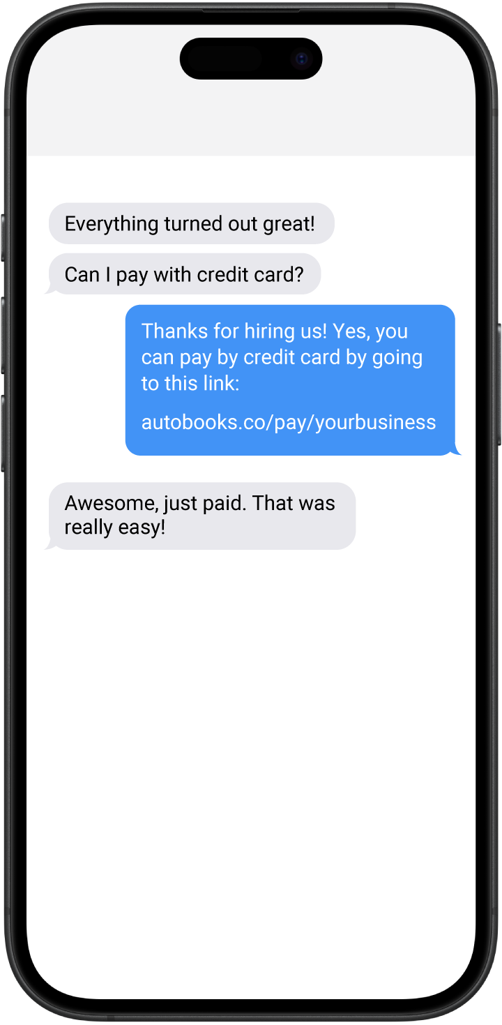 Text message thread: a customer asks to pay by credit card, the business sends its Autobooks payment link, and the customer replies that they paid