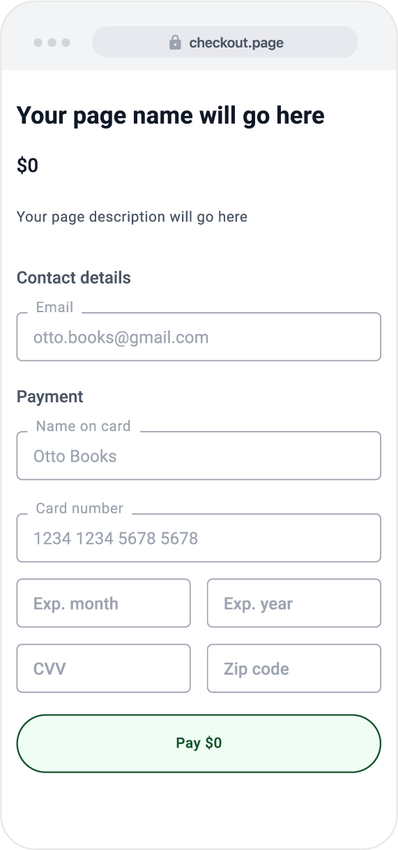 A mobile Autobooks checkout page with contact and card payment fields and a Pay button